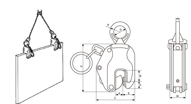 日本鹰牌ET型竖吊钢板钳使用图与尺寸图：龙海起重工具