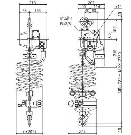 ATC型链条式气动葫芦尺寸图