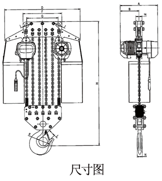 龙升16吨六链环链电动葫芦尺寸图